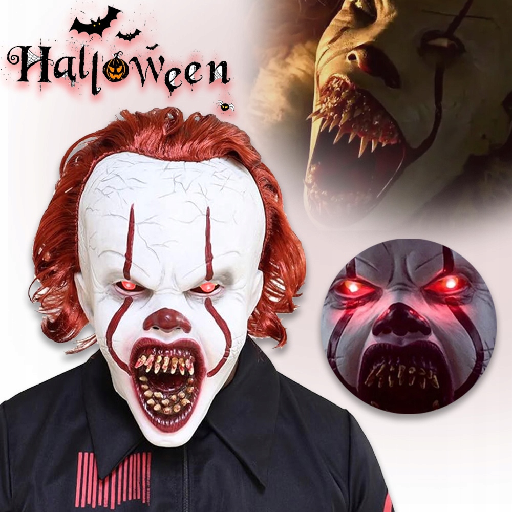 STRAŠIDLÁ KLAUNOVÁ MASKA LED LATEXOVÝ HALLOWEENSKÝ KOSTÝM ŽOLÍK ČERVENÉ VLASY